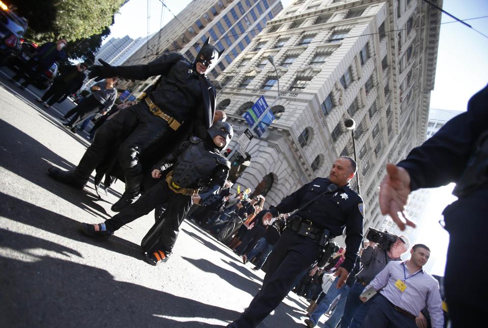 Leukemia survivor Miles enjoys a day as "batkid", arranged by the Make-A-Wish Foundation, in San Francisco, California