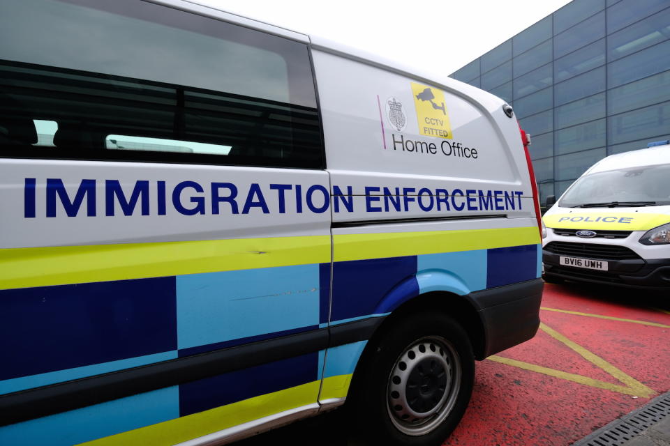 A Home Office Immigration Enforcement van is pictured outside Heathrow Terminal 3 in London, United Kingdom, on February 21, 2018. (Photo by Alex Milan Tracy/Sipa USA)