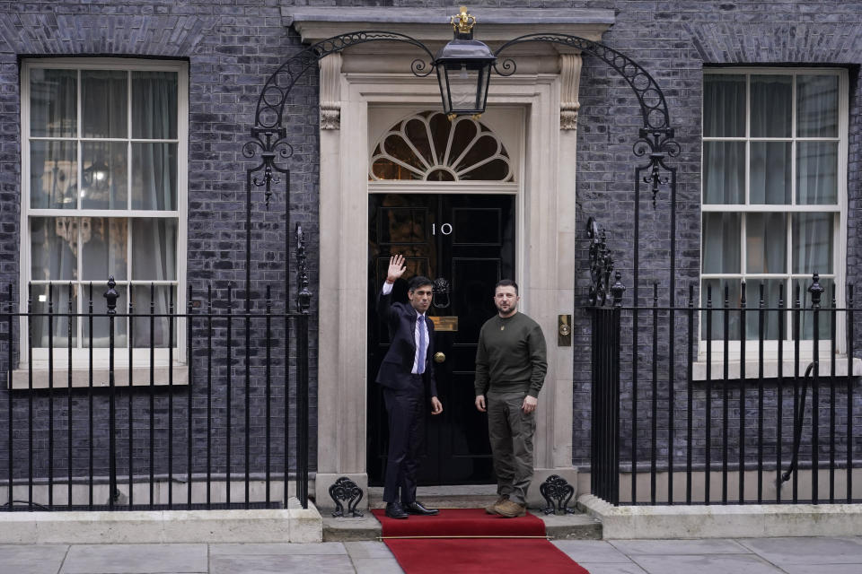 Britain's Prime Minister Rishi Sunak, left, welcomes Ukraine's President Volodymyr Zelenskyy at Downing Street in London, Wednesday, Feb. 8, 2023. It is the first visit to the UK by the Ukraine President since the war began nearly a year ago. (AP Photo/Alberto Pezzali)