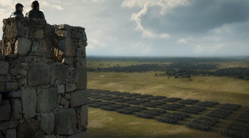 <p>Jaime Lannister<span> and Bronn survey the odds as Daenerys<span>'s army arrives at King's Landing.</span></span></p>