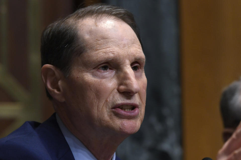 FILE - In this April 9, 2019 file photo, Senate Finance Committee ranking member Sen. Ron Wyden, D-Ore., speaks during a hearing on Capitol Hill in Washington. A report by Wyden, based on an 18-month investigation by the finance panel’s Democratic staff, found that NRA leaders "engaged in a years-long effort to facilitate the U.S.-based activities" of Russian nationals Maria Butina and Alexander Torshin. (AP Photo/Susan Walsh)