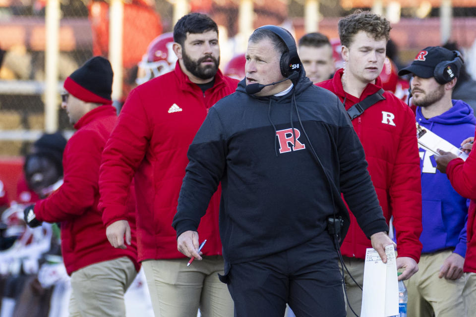Rutgers head coach Greg Schiano, front, reacts in the first half of an NCAA college football game against Maryland, Saturday, Nov. 25, 2023, in Piscataway, N.J. (AP Photo/Corey Sipkin)