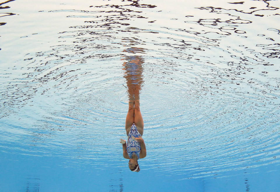 <p>Michelle Zimmer of Germany competes in the synchronized Solo Technical Women Preliminary at the 17th FINA World Aquatics Championships in, Budapest, Hungary, July 14, 2017. (Photo: Michael Dalder/Reuters) </p>