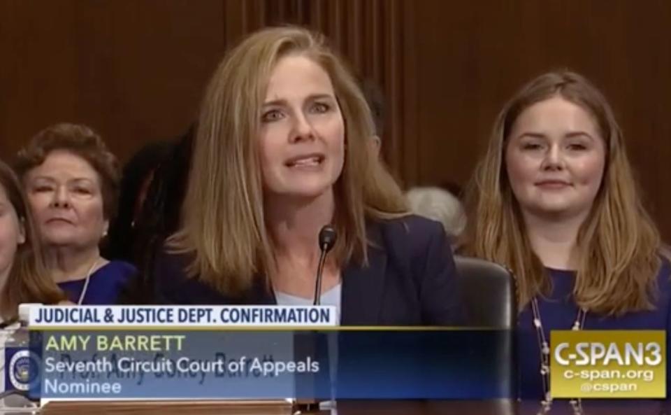 Amy Coney Barrett thinks Roe v. Wade was "an erroneous decision" and also is on Trump's short list for Supreme Court nominees. Cool, cool. (Photo: C-Span)