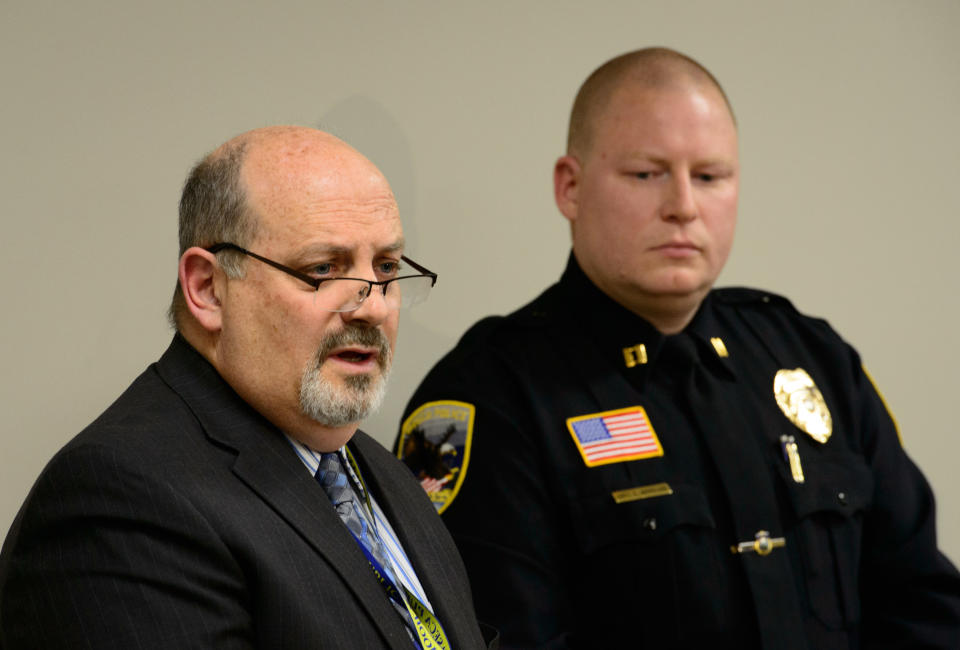 Waseca Police Captain Kris Markeson, right, and Waseca school Superintendent Tom Lee,left, speak at a news conference about the 17-year-old arrested in plot to kill family and massacre students at Waseca school. (AP Photo/The Star Tribune,Glen Stubbe)