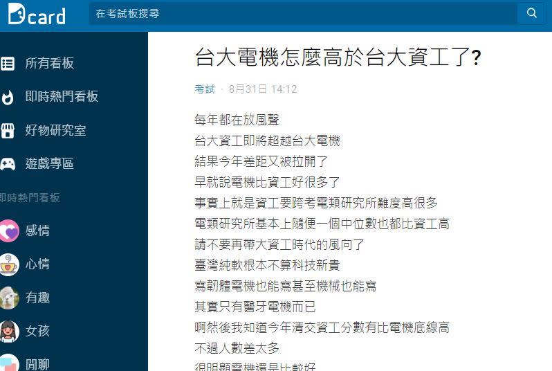 原PO分析指出，電機還是比資工好。（圖／翻攝自Dcard）