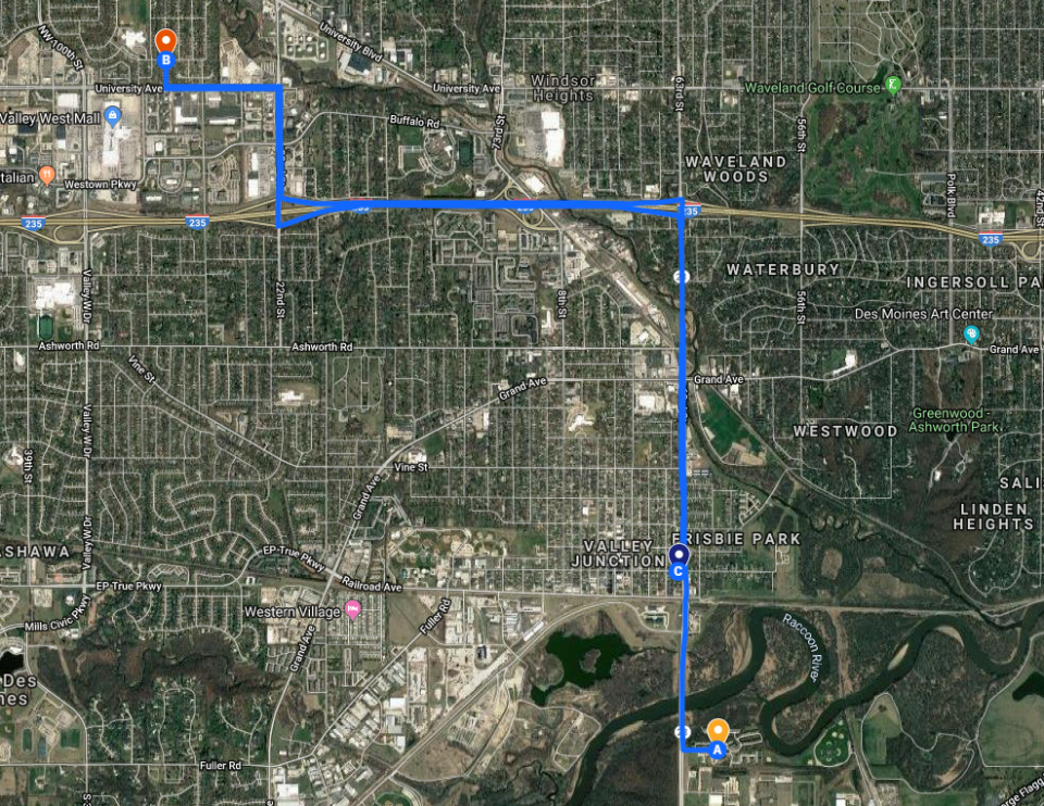 This Google map shows the three locations Nicole Marie Poole Franklin, 42, is accused of committing crimes Dec. 9. At location "A", she is charged with hitting a 12-year-old boy with her SUV at about 3:54 p.m. At location "B" at about 4:20, she also hit Natalia Miranda, 14, later admitting because the girl is Hispanic. At the last location, a Conoco gas station, she attempted to steal items and called people racial slurs.