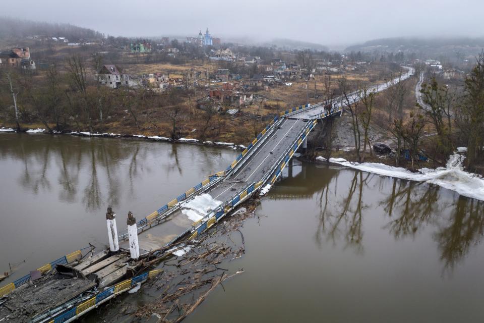 Destroyed bridge Siverskiy-Donets River Donbas Ukraine