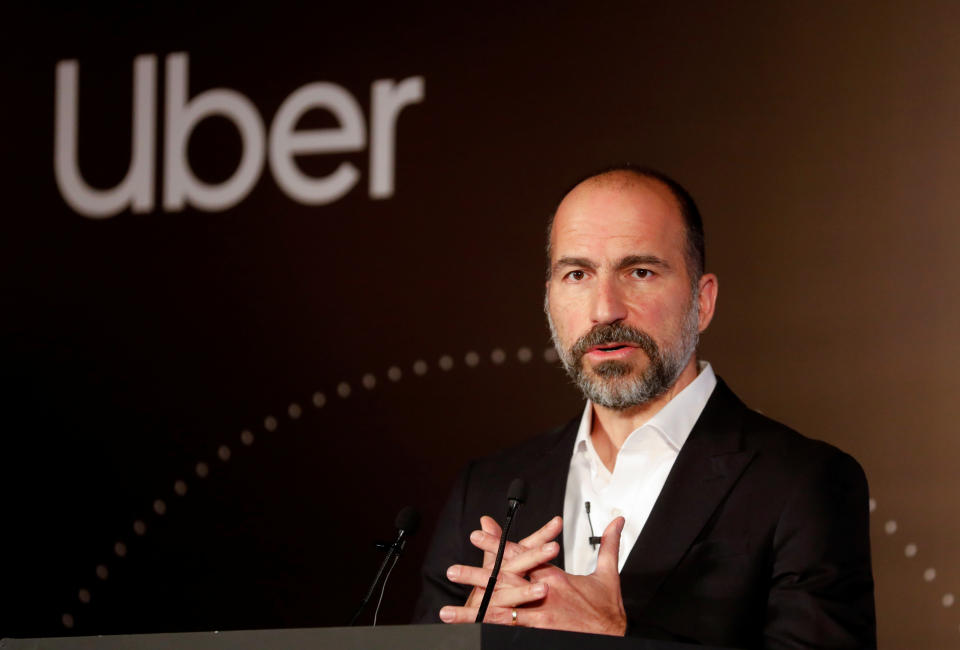 Uber CEO Dara Khosrowshahi speaks to the media at an event in New Delhi, India, October 22, 2019. REUTERS/Anushree Fadnavis