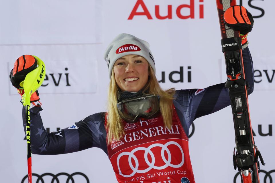 United States' Mikaela Shiffrin celebrates winning an alpine ski, women's World Cup slalom, in Levi, Finland.