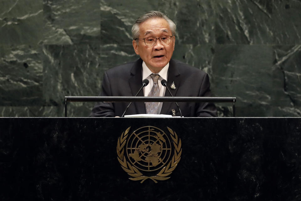Thailand's Foreign Minister Don Pramudwinai addresses the 74th session of the United Nations General Assembly, Monday, Sept. 30, 2019. (AP Photo/Richard Drew)