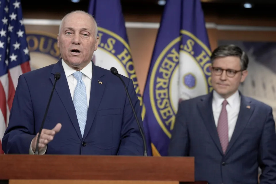 Majority Leader Steve Scalise, R-La., speaks as House Speaker Mike Johnson, R-La., listens during a news conference on Capitol Hill Wednesday, April 10, 2024, in Washington. (AP Photo/Mariam Zuhaib)