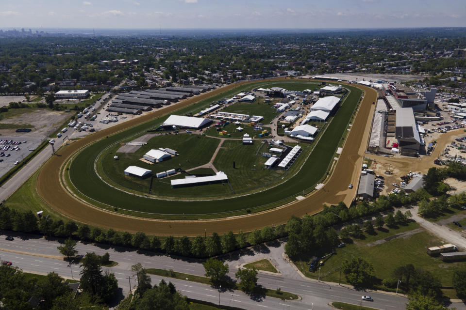 A general view of the track at Pimlico Race Course ahead of the 147th running of the Preakness Stakes horse race, Thursday, May 19, 2022, in Baltimore. (AP Photo/Julio Cortez)