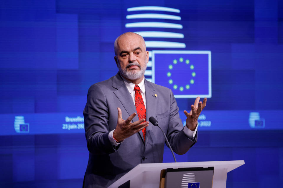 Albania's Prime Minister Edi Rama speaks during a news conference following a meeting of Western Balkans countries leaders and EU leaders in Brussels, Belgium June 23, 2022. REUTERS/Johanna Geron