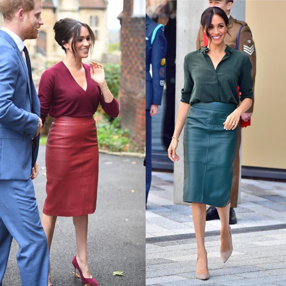 Meghan Markle in red, October 2019 vs Meghan Markle in green, October 2018. Via Getty Images.