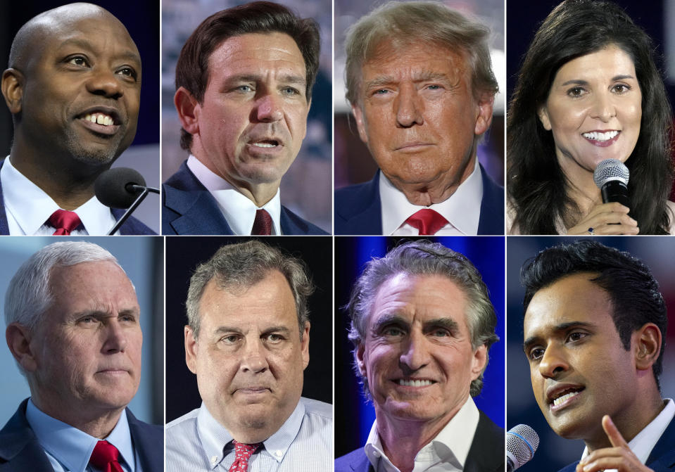 This combination of photos shows Republican presidential candidates, top row from left, Sen. Tim Scott, R-S.C., Florida Gov. Ron DeSantis, former president Donald Trump, and former South Carolina Gov. Nikki Haley, and bottom row from left, former Vice President Mike Pence, former New Jersey Gov. Chris Christie, North Dakota Gov. Doug Burgum and Vivek Ramaswamy. With less than a month to go until the first 2024 Republican presidential debate, eight candidates say they have met the qualifications for a podium slot. But that also means that about half of the broad GOP field is running short on time to make the stage. (AP Photo)