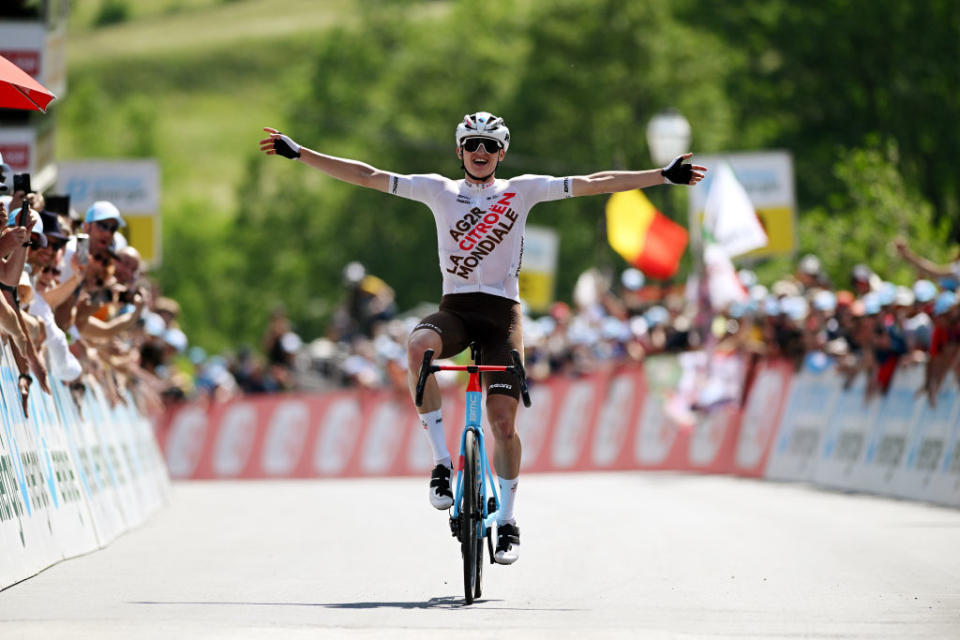 LEUKERBAD SWITZERLAND  JUNE 14 Felix Gall of Austria and Ag2R Citron Team celebrates at finish line as stage winner during the 86th Tour de Suisse 2023 Stage 4 a 1525km stage from Monthey to Leukerbad 1367m  UCIWT  on June 14 2023 in Leukerbad Switzerland Photo by Dario BelingheriGetty Images