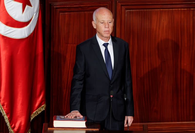 FILE PHOTO: Tunisian President Kais Saied takes the oath of office in Tunis