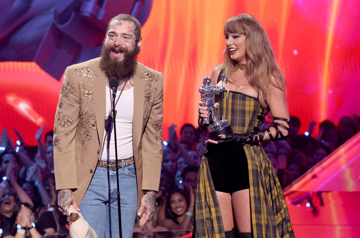 Taylor Swift and Post Malone make each other blush as they accept the award for Best Collaboration for “Fortnight” at the 2024 VMAs