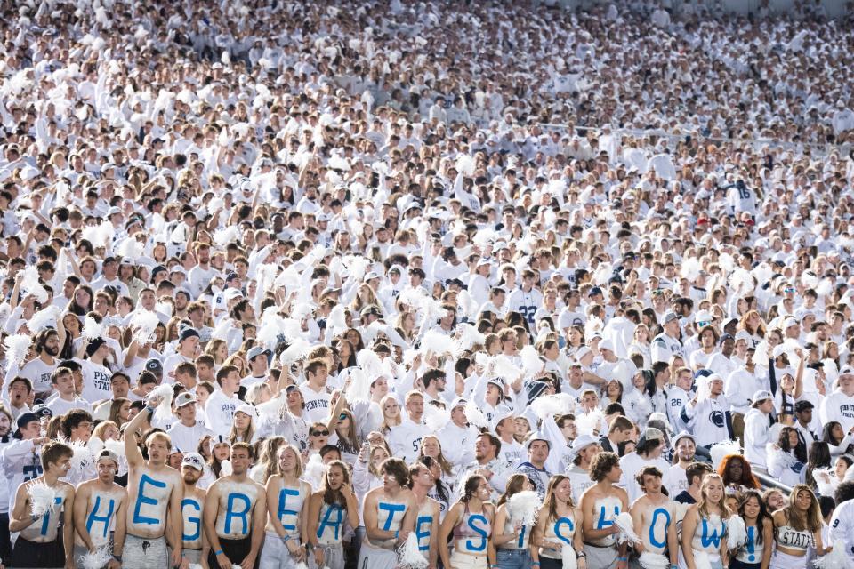 Penn State fans cheer on the Nittany Lions during a White Out game against Minnesota at Beaver Stadium on Saturday, Oct. 22, 2022, in State College.