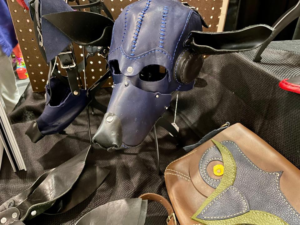 A well-crafted leather mask for erotic or kink play was on sale at a vendor table at the Rochester Erotic Arts Festival on April 19, 2024.