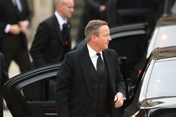 LONDON, ENGLAND - SEPTEMBER 19: Former British Prime Minister David Cameron arrives for the State Funeral of Queen Elizabeth II at Westminster Abbey on September 19, 2022 in London, England. Elizabeth Alexandra Mary Windsor was born in Bruton Street, Mayfair, London on 21 April 1926. She married Prince Philip in 1947 and ascended the throne of the United Kingdom and Commonwealth on 6 February 1952 after the death of her Father, King George VI. Queen Elizabeth II died at Balmoral Castle in Scotland on September 8, 2022, and is succeeded by her eldest son, King Charles III. (Photo by Adam Gerrard - WPA Pool/Getty Images)