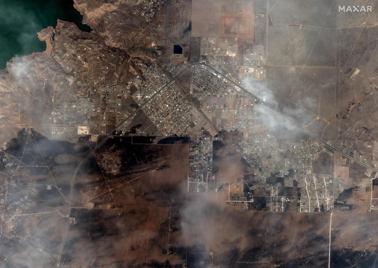 A satellite image shows how Fritch, Texas, looked from above on Feb. 28, 2024, after devastating fires hit the area. / Credit: Satellite image ©2024 Maxar Technologies