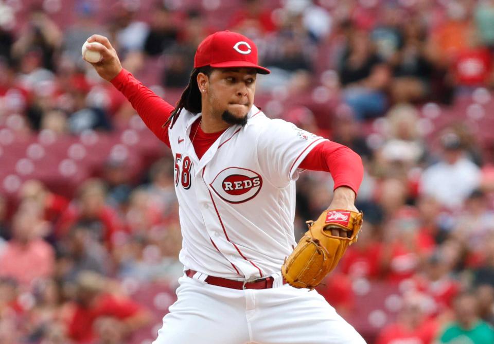 Jul 8, 2022; Cincinnati, Ohio, USA; Cincinnati Reds starting pitcher Luis Castillo (58) throws a pitch against the Tampa Bay Rays during the first inning at Great American Ball Park. Mandatory Credit: David Kohl-USA TODAY Sports