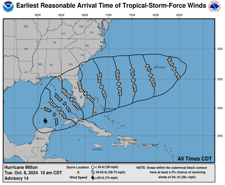 Arrival times of tropical storm winds from Hurricane Milton, as of 10 a.m. Tuesday.