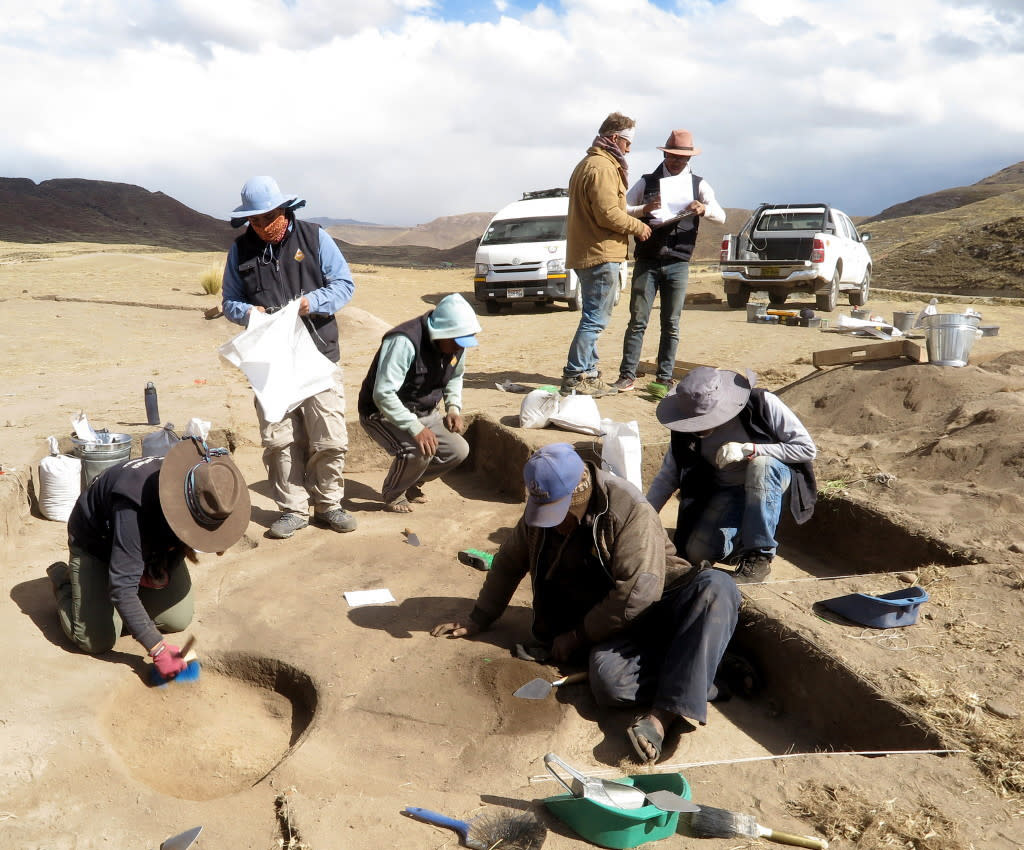Obras de excavación en el sitio arqueológico de Wilamaya Patjxa en Perú, donde encontraron los restos de una mujer cazadora de casi 10.000 años de antigüedad en 2018. (Randall Haas vía The New York Times)