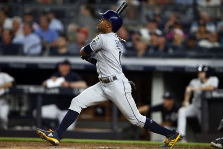 Aug 15, 2018; Bronx, NY, USA; Tampa Bay Rays right fielder Mallex Smith (0) hits a two-run home run against the New York Yankees during the fourth inning at Yankee Stadium. Mandatory Credit: Adam Hunger-USA TODAY Sports