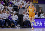 Tennessee forward Tess Darby (21) reacts after scoring against LSU in the first half of an NCAA college basketball game in Baton Rouge, La., Monday, Jan. 30, 2023. (AP Photo/Derick Hingle)