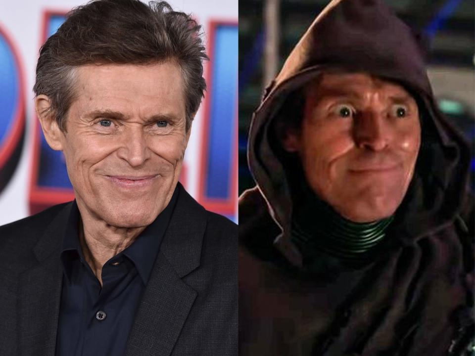 On the left: Willem Dafoe at the premiere of "Spider-Man: No Way Home." On the right: Dafoe as Green Goblin in "Spider-Man: No Way Home."