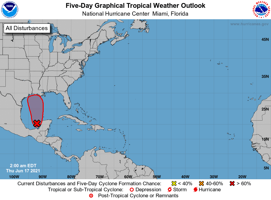 Area of low pressure with potential for development as of 2 a.m. June 17, 2021.