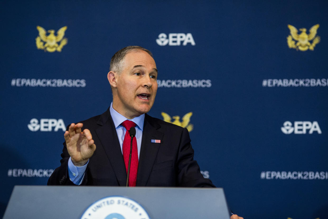 Embattled Environmental Protection Agency Administrator Scott Pruitt speaks to the press at a news conference at the EPA on April 2. (Photo: Jason Andrew via Getty Images)