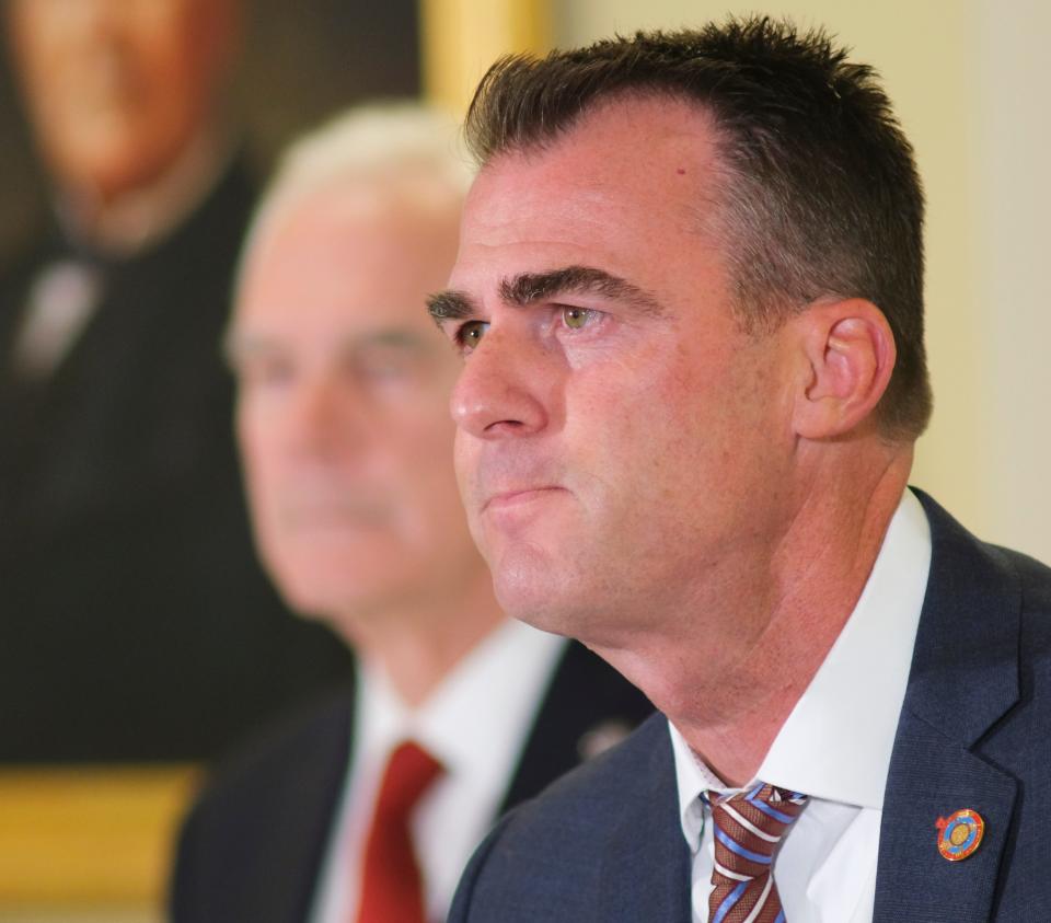 Oklahoma Attorney General John O'Connor and Governor Kevin Stitt during into a press conference about SCOTUS ruling to overturn Roe v. Wade in the Blue Room at the Capitol Friday, June 24, 2022.