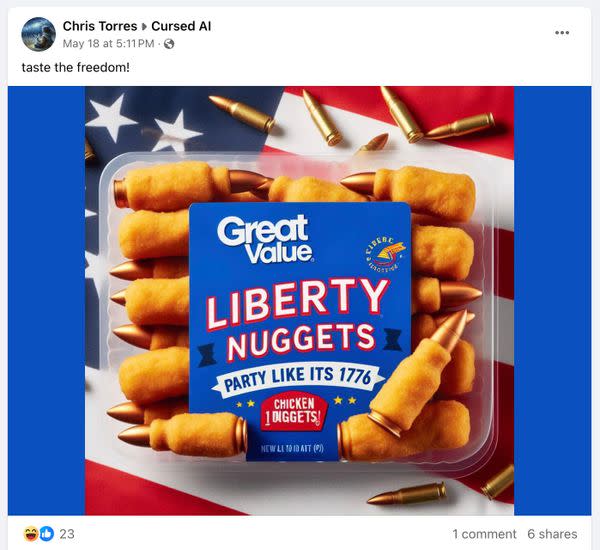 A picture purportedly showed Walmart was selling chicken nuggets in the shape of small pistols or guns named Great Value Freedom Nuggets.