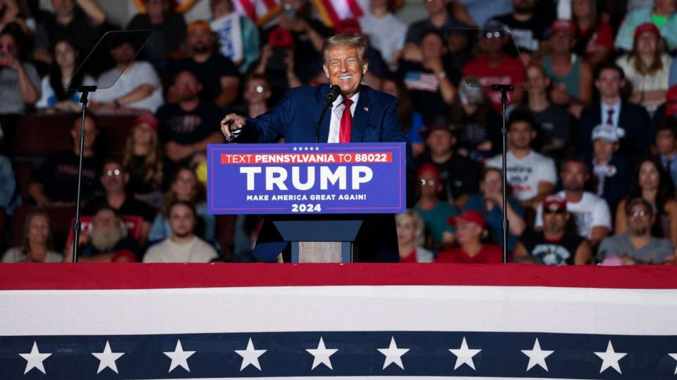 PHOTO: Former President and Republican presidential candidate Donald Trump speaks during a campaign rally in Erie, Pa., July 29, 2023. (Lindsay Dedario/Reuters)