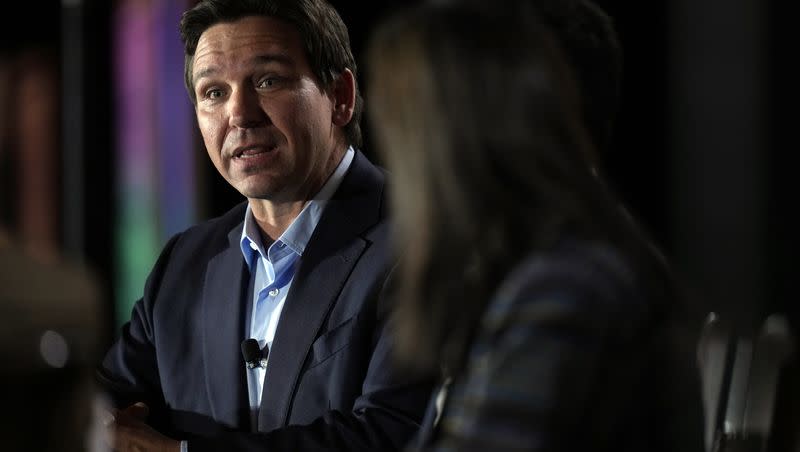Republican presidential candidate Florida Gov. Ron DeSantis speaks during the Family Leader’s Thanksgiving Family Forum on Nov. 17, 2023, in Des Moines, Iowa.
