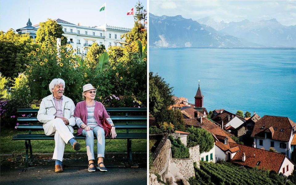 From left: The waterfront walking path in Lausanne offers ample opportunities for people-watching. The city is the capital of the Vaud canton and close to the Lavaux vineyards, a unesco World Heritage site; a view of Lake Geneva over the rooftops of Rivaz, as seen from the vineyards of Domaine Louis Bovard.