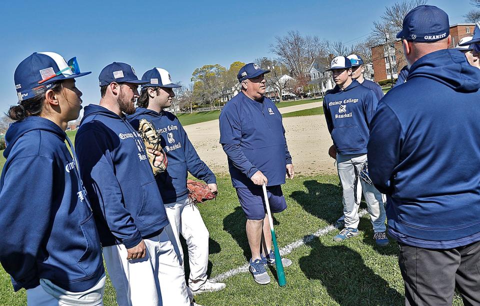 Coach Jim Dolan talks with his small squad.
The Quincy College baseball team "Granites" practice off Pond Street , Quincy on Friday April 26, 2024