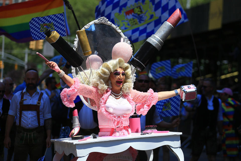A performer in drag entertains crowds during the N.Y.C. Pride Parade in New York on June 30, 2019. (Photo: Gordon Donovan/Yahoo News)