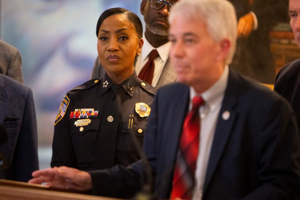 Memphis Police Chief Cerelyn “C.J.” Davis looks on as Shelby County District Attorney Steve Mulroy speaks at a press conference after they and other local leaders met with U.S. Senator Bill Hagerty to discuss crime at city hall in Memphis, Tenn., on Wednesday, March 27, 2024.