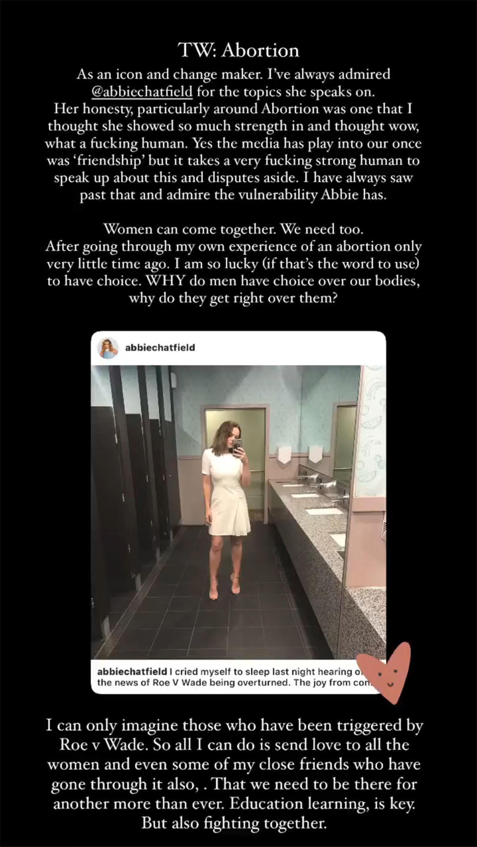 Screenshot of Brooke Blurton's Instagram story where she praises Abbie Chatfield for talking about abortion