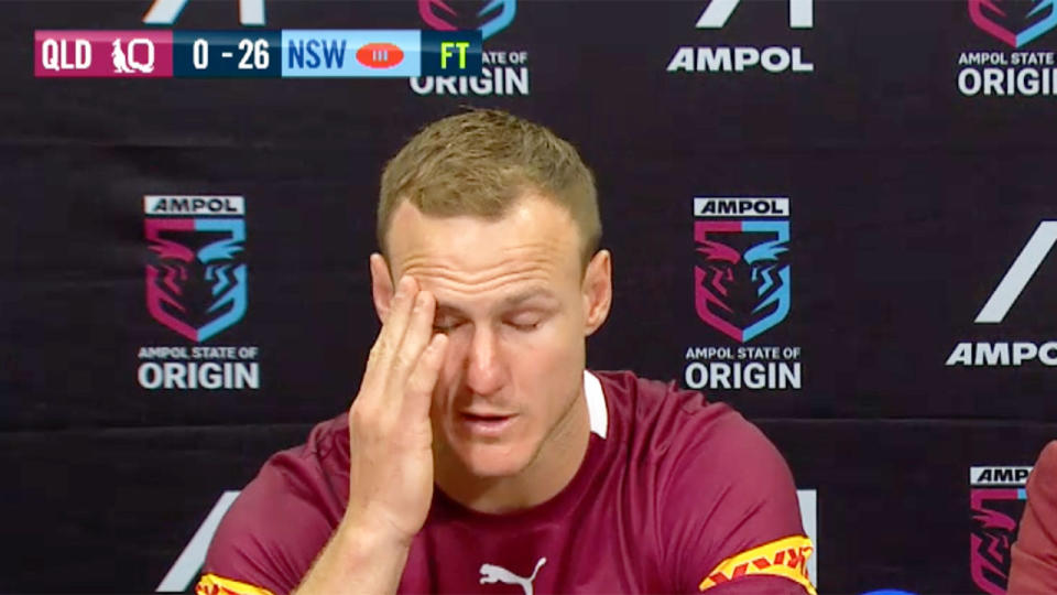 Pictured here, Maroons captain Daly Cherry-Evans speaking after Origin Game II.