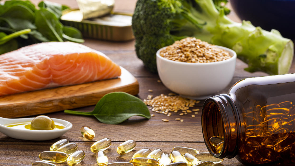  Salmon, fish oil capsules and other food rich in Omega-3 fatty acids. 