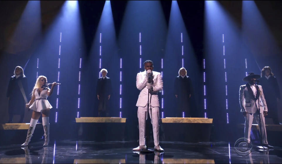 In this video grab provided by CBS and the Recording Academy, DaBaby performs at the 63rd annual Grammy Awards at the Los Angeles Convention Center on Sunday, March 14, 2021. (CBS/Recording Academy via AP)