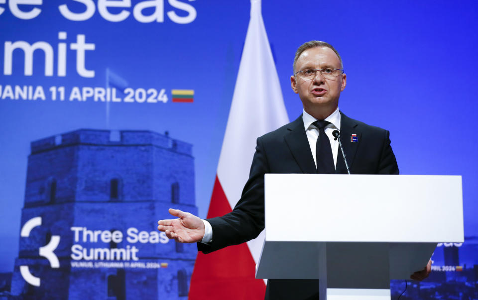 FILE - Poland's President Andrej Duda addresses a media conference at the Palace of the Grand Dukes of Lithuania during the Three Seas Initiative Summit and Business Forum in Vilnius, April 11, 2024. Presumptive Republican presidential nominee Donald Trump is scheduled to meet with Polish President Andrzej Duda on Wednesday in New York. (AP Photo/Mindaugas Kulbis, File)