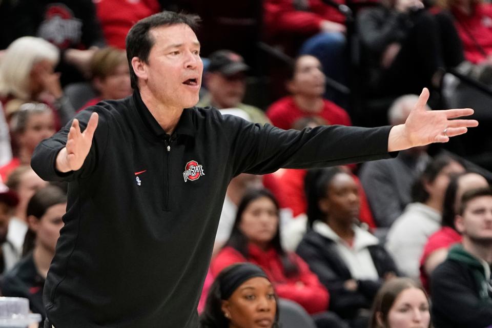 Mar 24, 2024; Columbus, OH, USA; Ohio State Buckeyes head coach Kevin McGuff motions during the second half of the women’s NCAA Tournament second round against the Duke Blue Devils at Value City Arena. Ohio State lost 75-63.