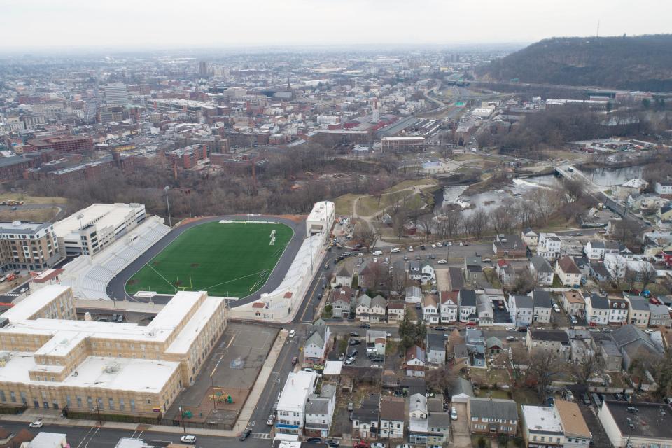 Hinchliffe Stadium is near completion after decades of neglect. Aerial photos taken in Paterson, NJ on Thursday March 23, 2023. 